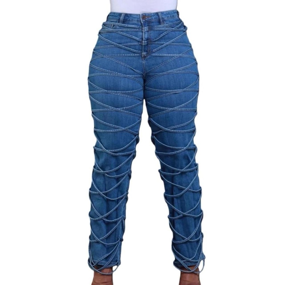 Women's Trendy High Waist Bodycon All Tied Up Denim Jeans